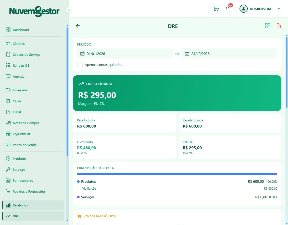 DRE da empresa de limpeza: consulte receitas, custos e resultado do período