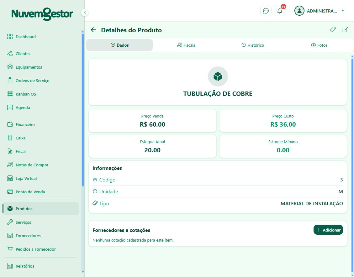 Cadastro de materiais de climatização: confira unidade, custo e preço de venda