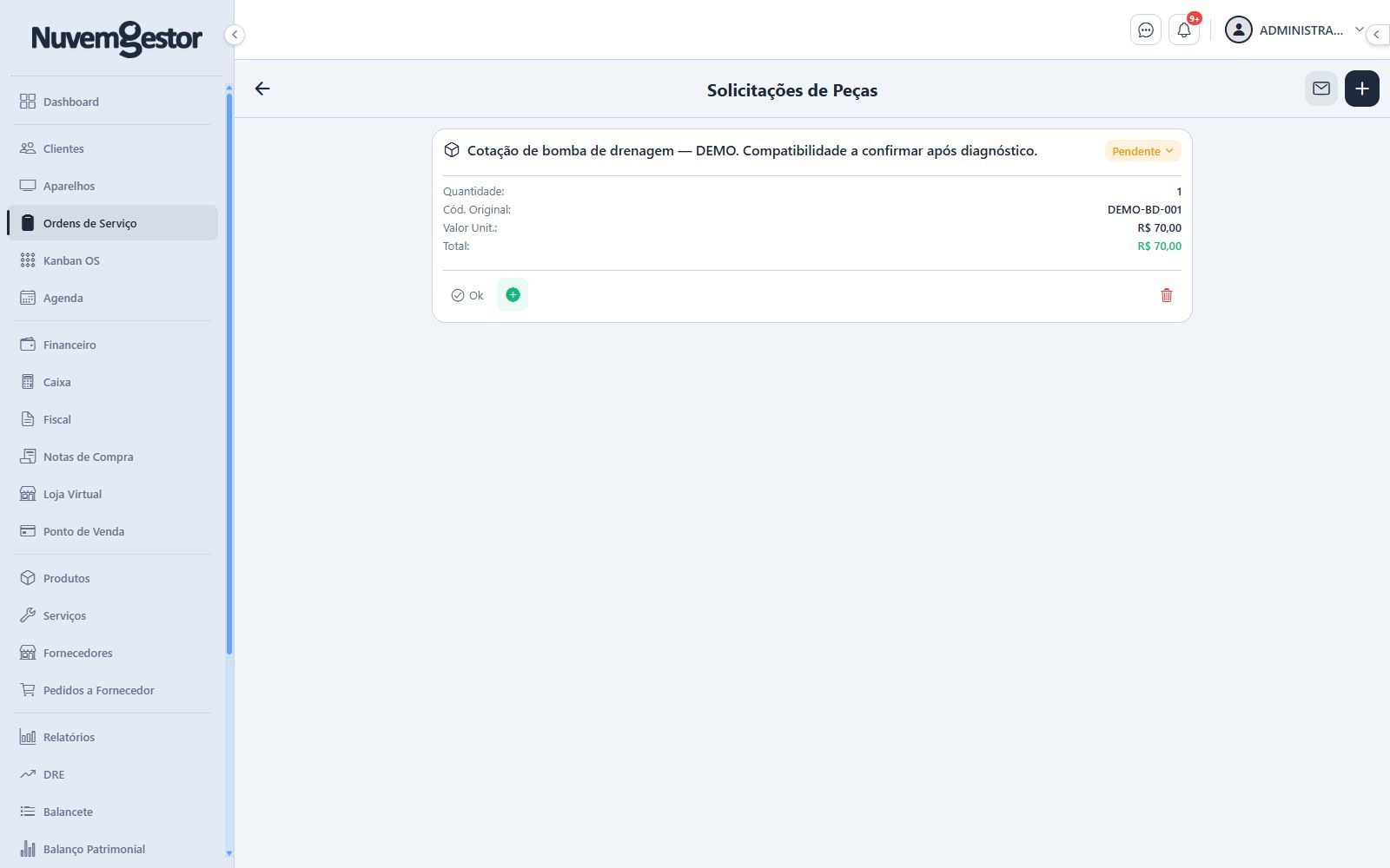 Solicitação de peças na assistência: registre a necessidade junto à OS do aparelho