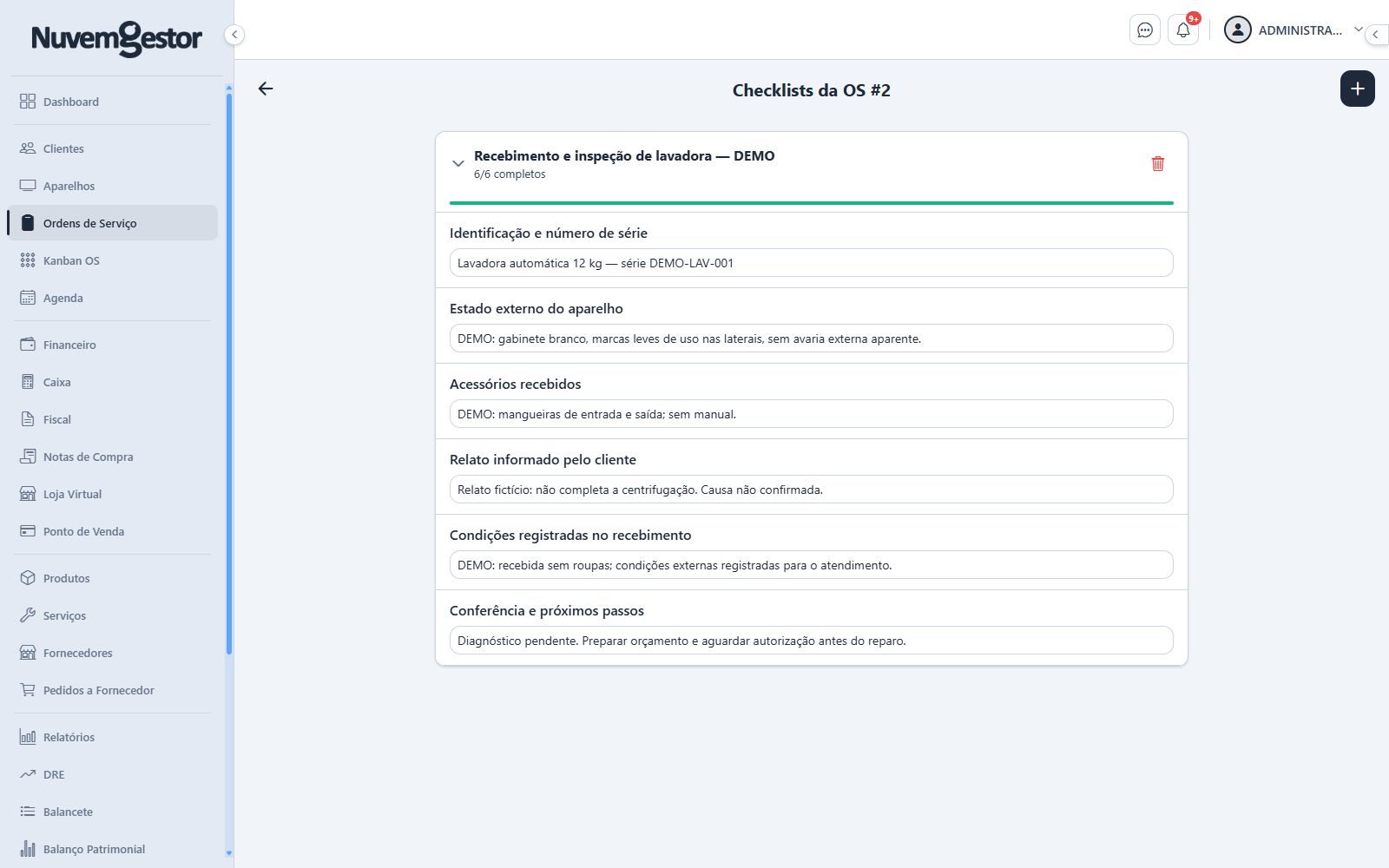 Checklist de lavadora: registre identificação, acessórios e condições de recebimento