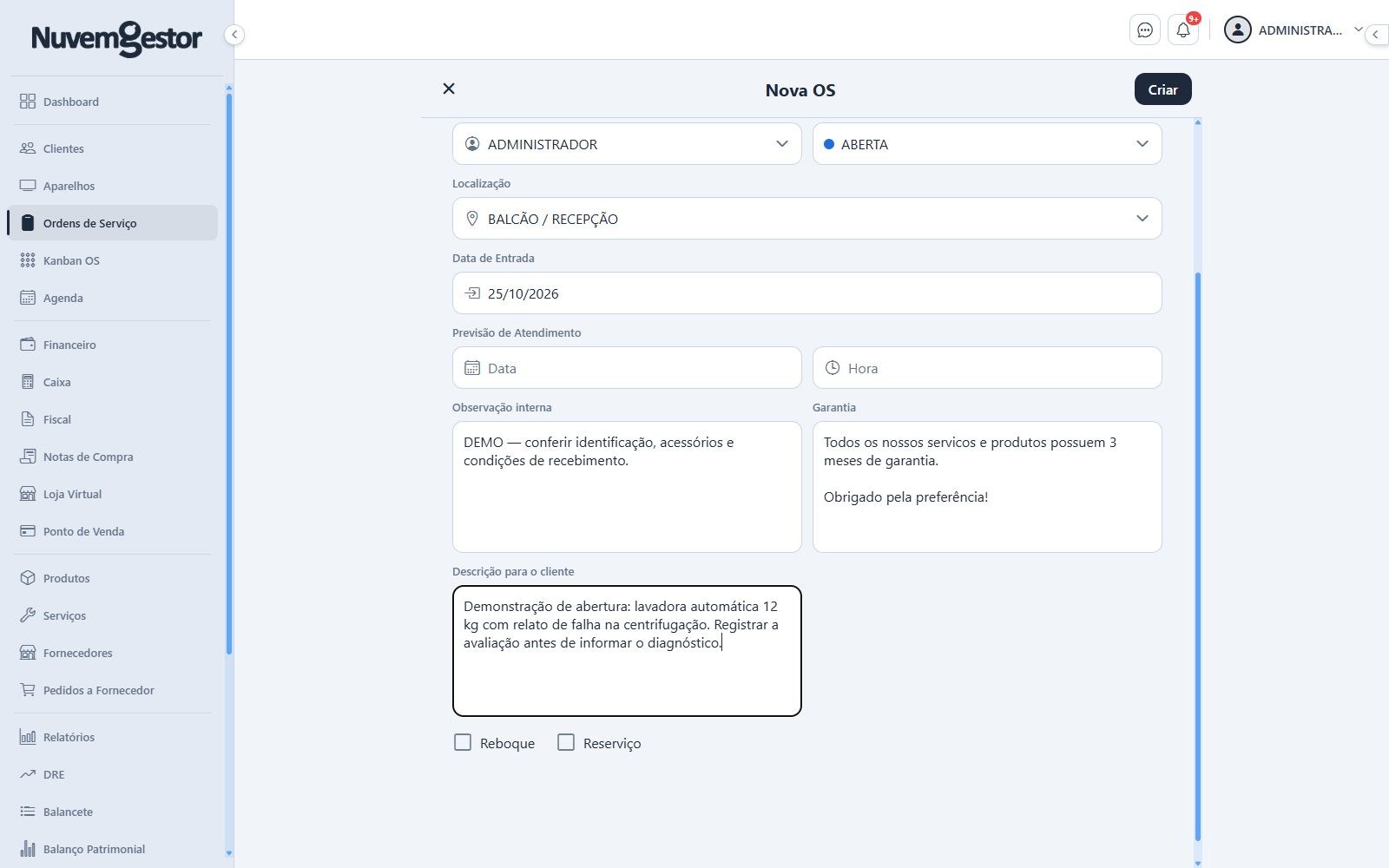 Nova OS de eletrodomésticos: confira aparelho, cliente e descrição antes de criar